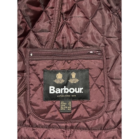 Barbour Women's Quilted Pattern Snap Jacket With Corduroy Collar Burgundy Size 8 - Picture 8 of 11